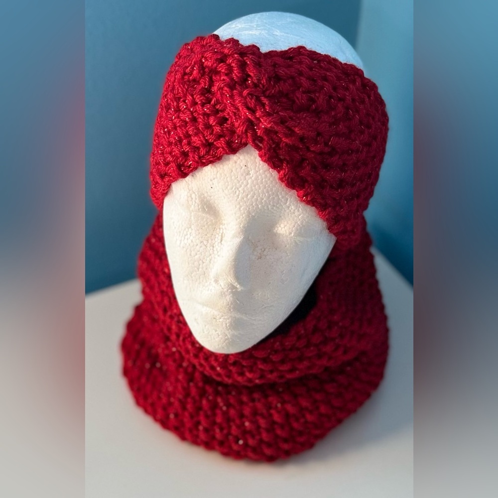 Handmade Hand Crafted Knit Seed Stitch Twist Headband cowl set Sparkly Red - Picture 2 of 3
